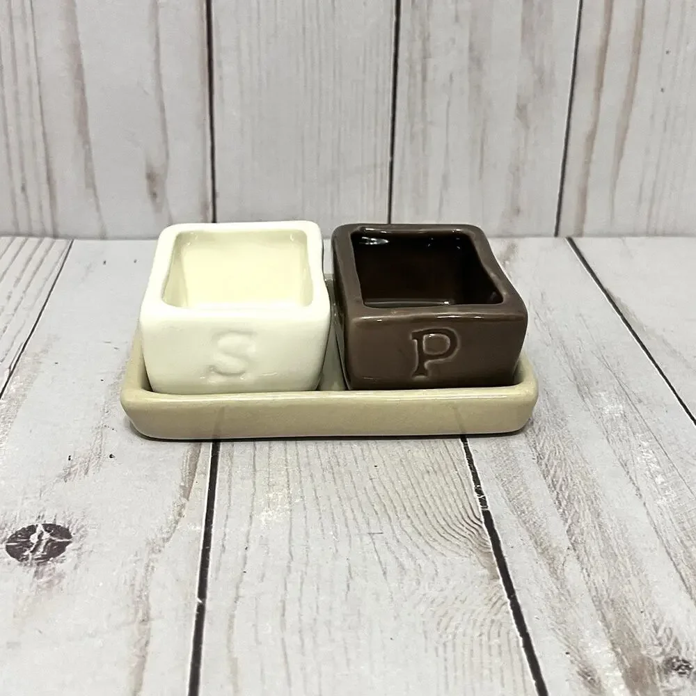 Pottery Barn Salt and Pepper Cellars Crocks with Tray Barbara Eigen